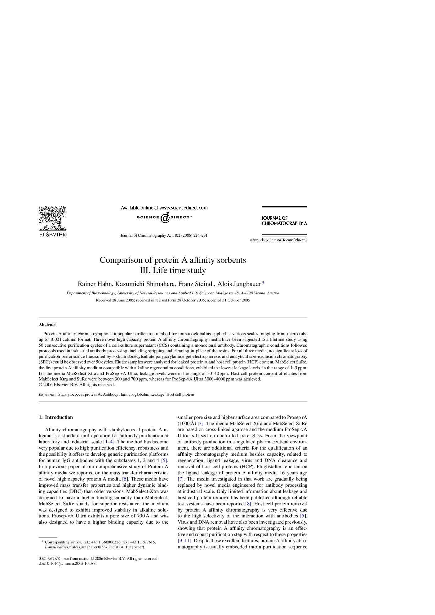 Comparison of protein A affinity sorbents III. Life time study