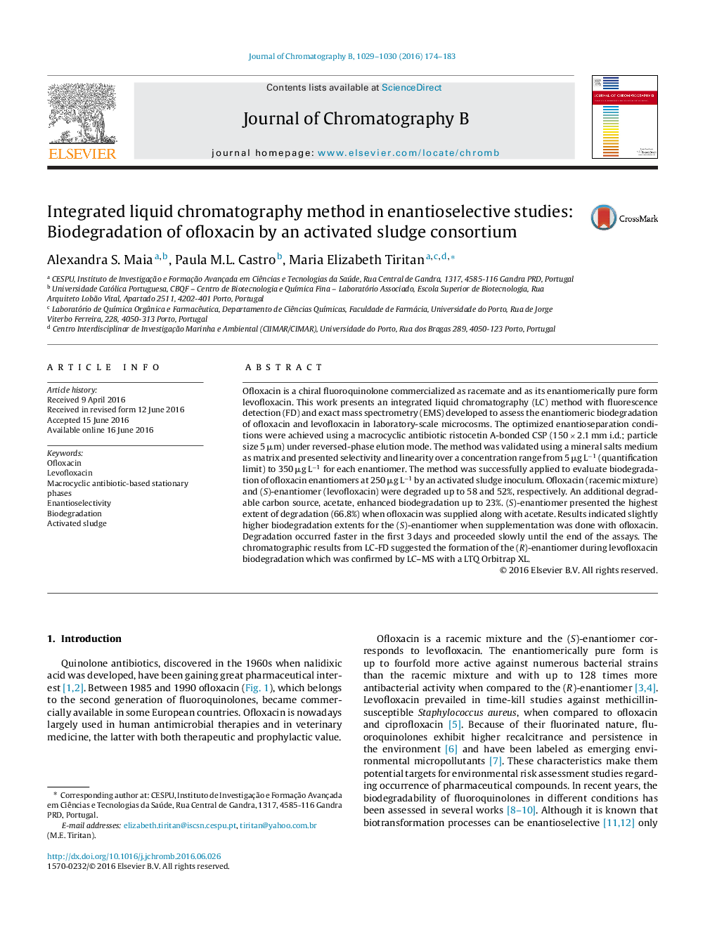 Integrated liquid chromatography method in enantioselective studies: Biodegradation of ofloxacin by an activated sludge consortium