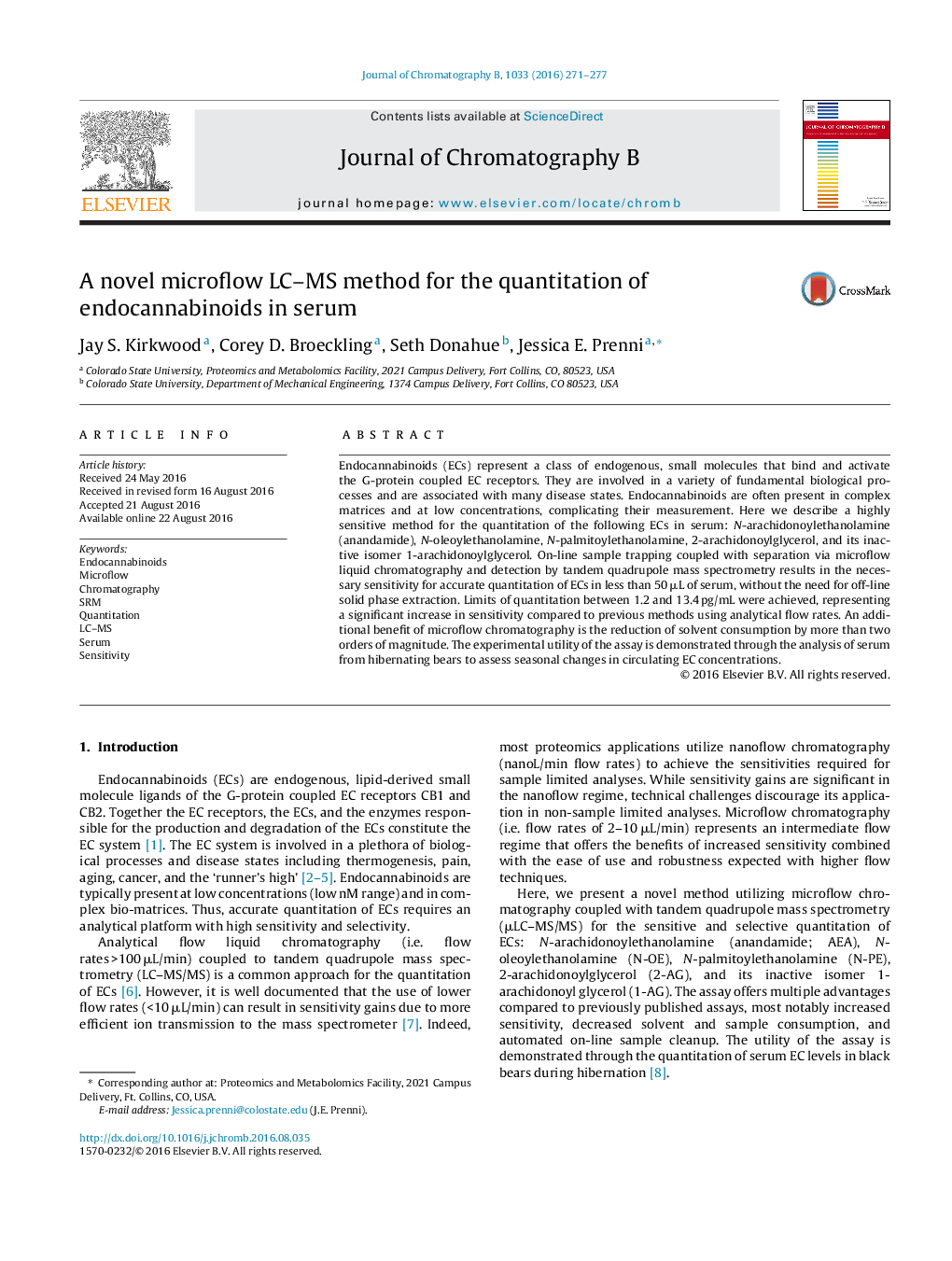 A novel microflow LCâ¿¿MS method for the quantitation of endocannabinoids in serum