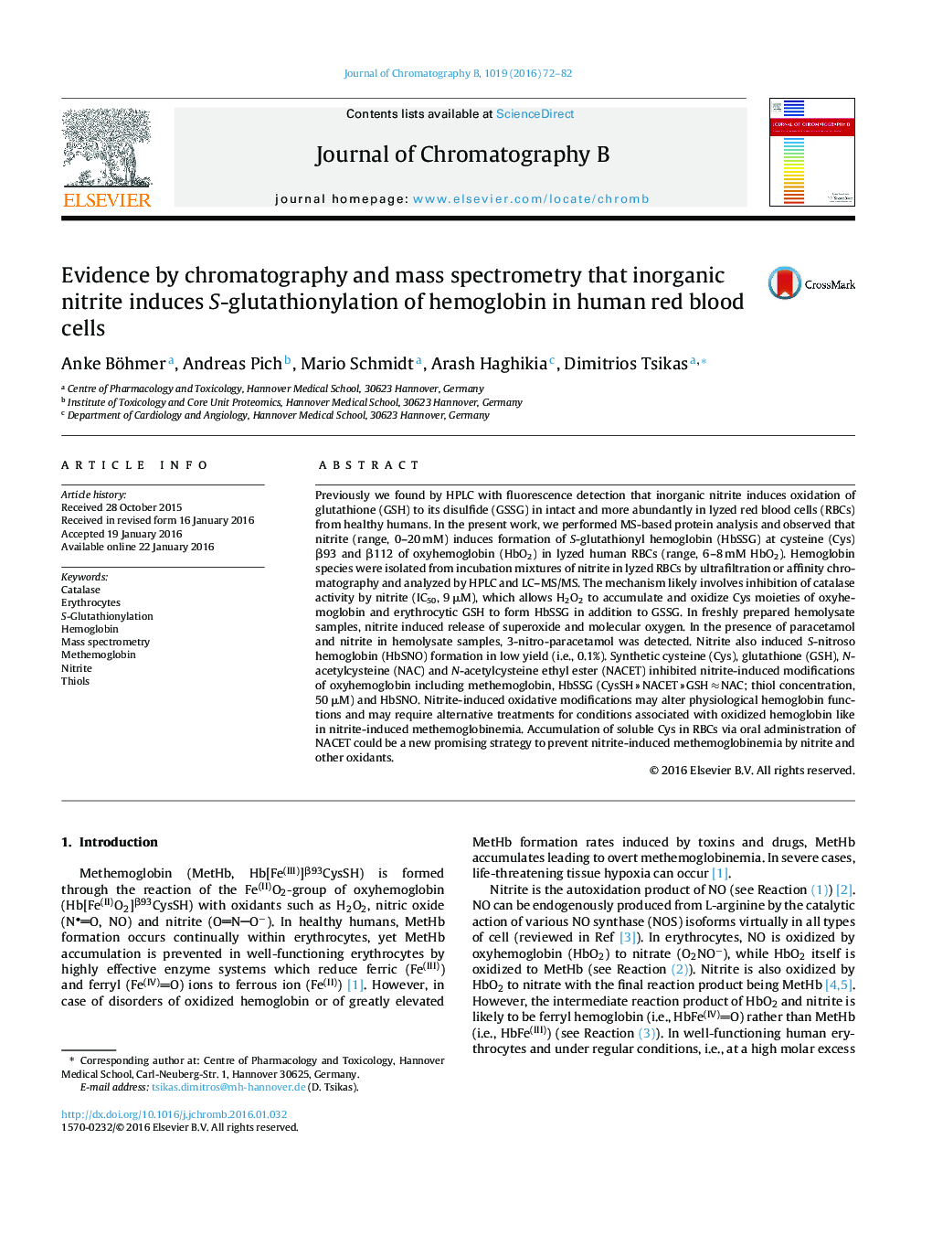 Evidence by chromatography and mass spectrometry that inorganic nitrite induces S-glutathionylation of hemoglobin in human red blood cells