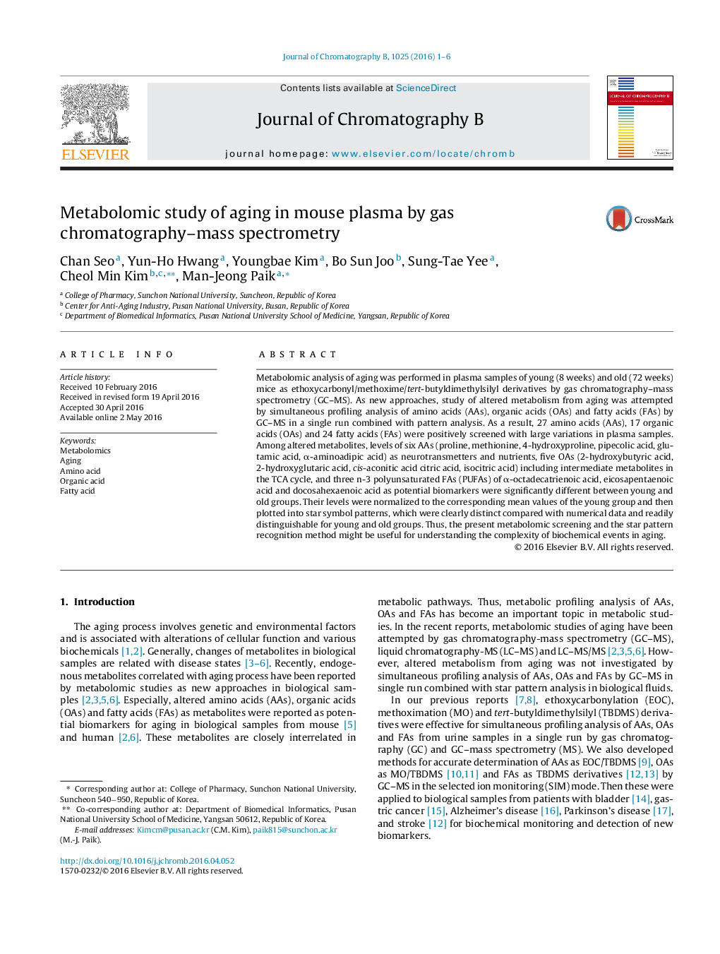 Metabolomic study of aging in mouse plasma by gas chromatography–mass spectrometry