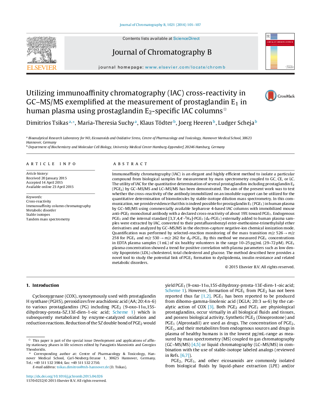 Utilizing immunoaffinity chromatography (IAC) cross-reactivity in GC–MS/MS exemplified at the measurement of prostaglandin E1 in human plasma using prostaglandin E2-specific IAC columns 