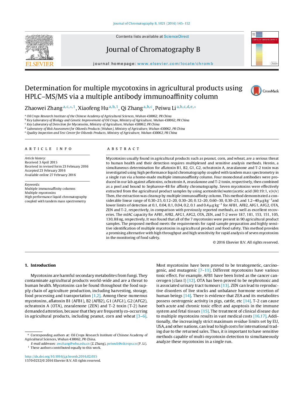Determination for multiple mycotoxins in agricultural products using HPLC–MS/MS via a multiple antibody immunoaffinity column