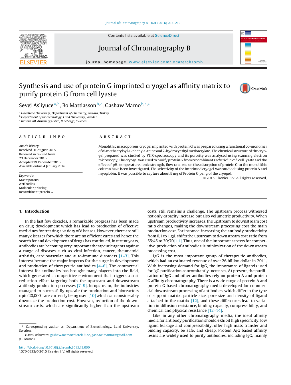 Synthesis and use of protein G imprinted cryogel as affinity matrix to purify protein G from cell lyaste