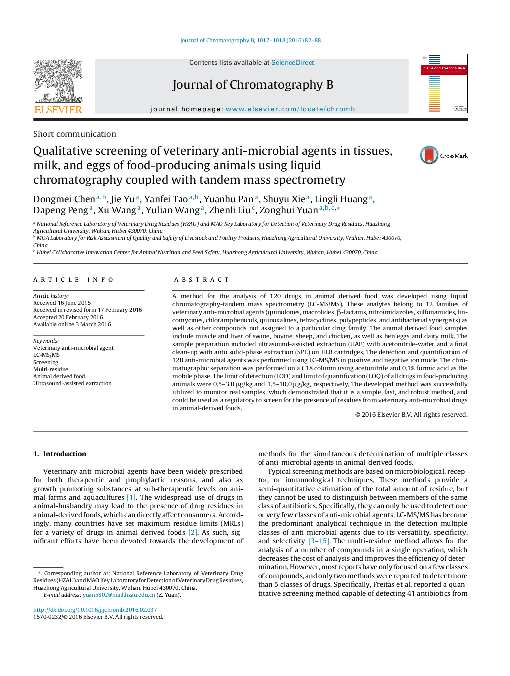 Qualitative screening of veterinary anti-microbial agents in tissues, milk, and eggs of food-producing animals using liquid chromatography coupled with tandem mass spectrometry