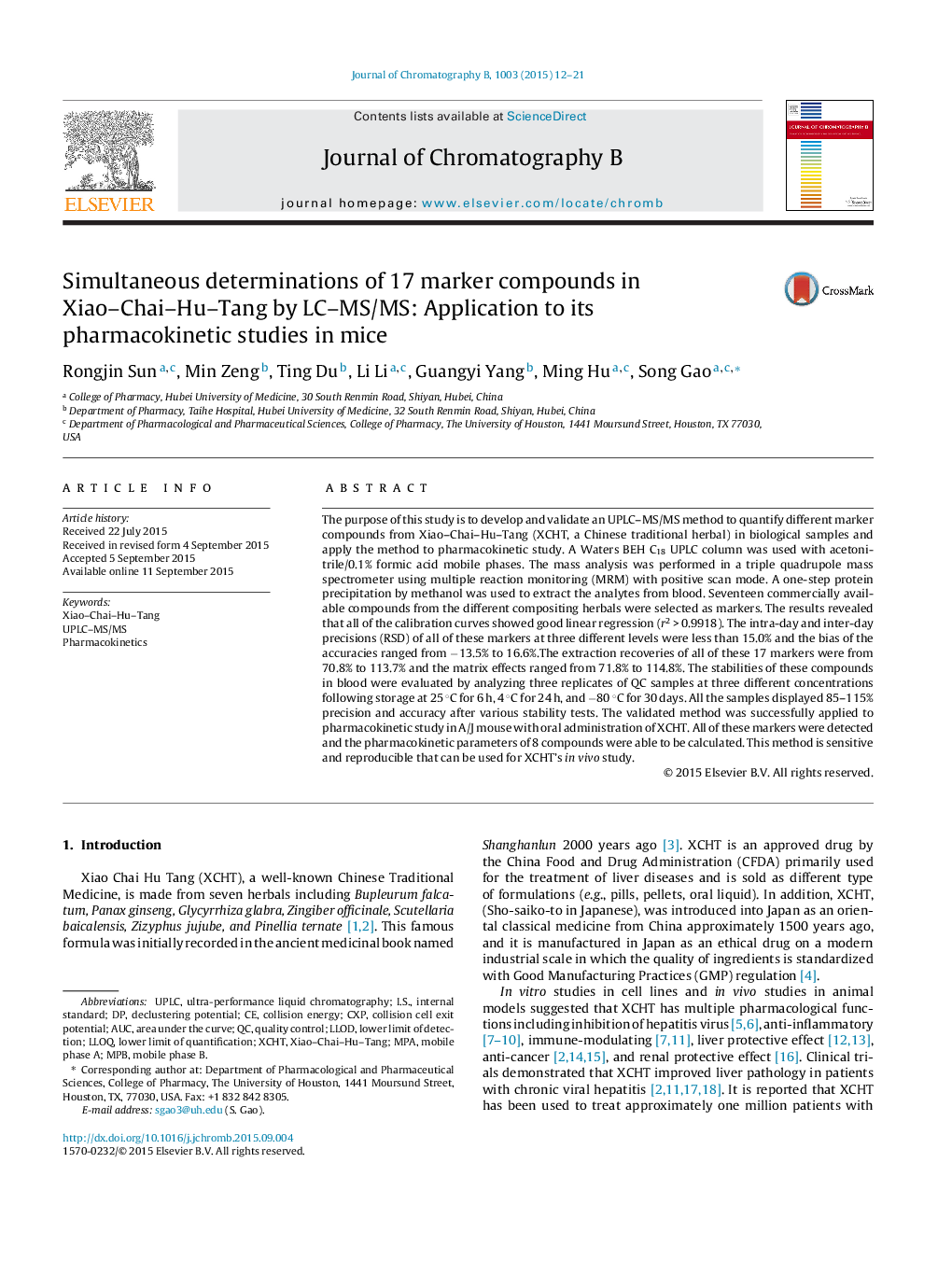 Simultaneous determinations of 17 marker compounds in Xiao–Chai–Hu–Tang by LC–MS/MS: Application to its pharmacokinetic studies in mice