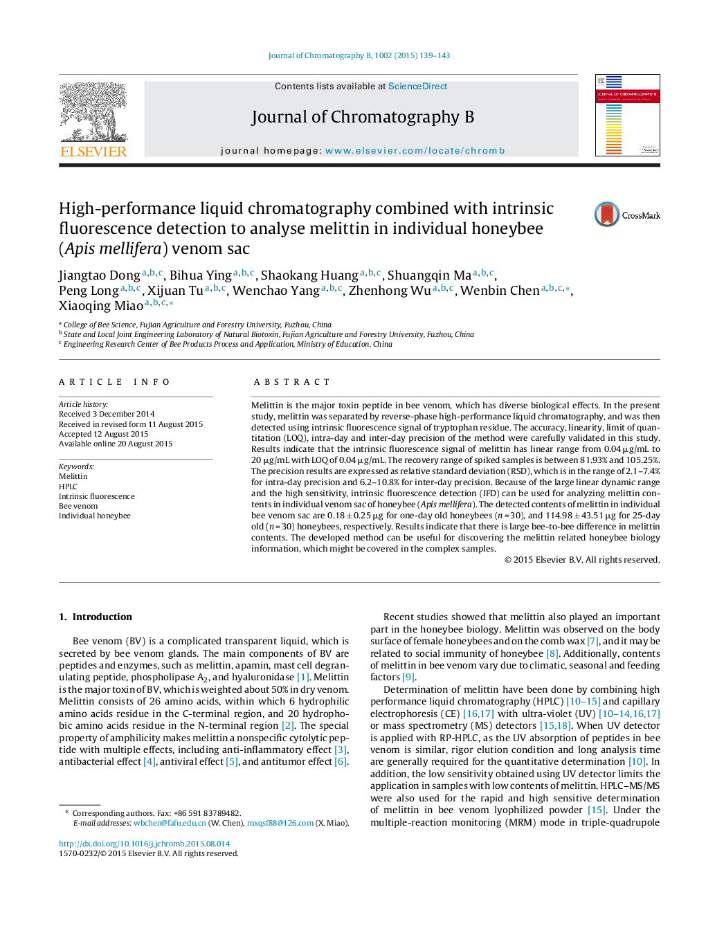 High-performance liquid chromatography combined with intrinsic fluorescence detection to analyse melittin in individual honeybee (Apis mellifera) venom sac