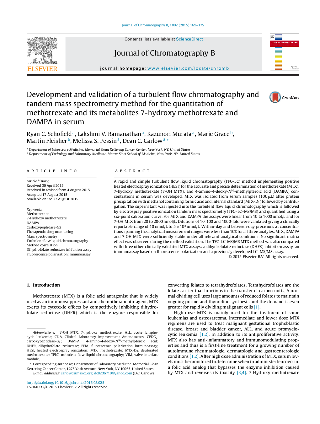 Development and validation of a turbulent flow chromatography and tandem mass spectrometry method for the quantitation of methotrexate and its metabolites 7-hydroxy methotrexate and DAMPA in serum