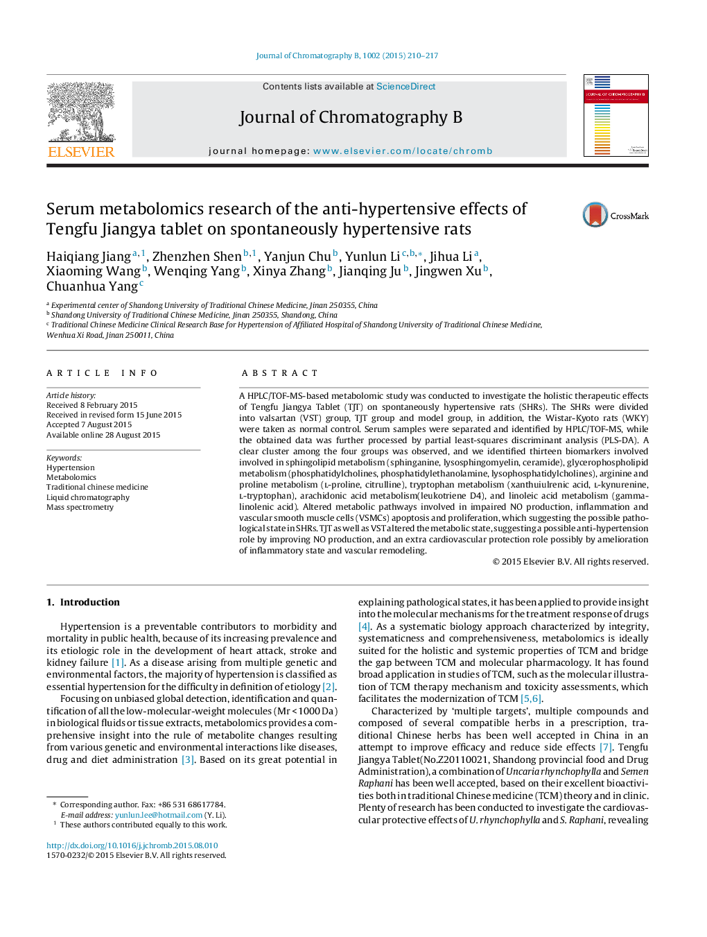 Serum metabolomics research of the anti-hypertensive effects of Tengfu Jiangya tablet on spontaneously hypertensive rats