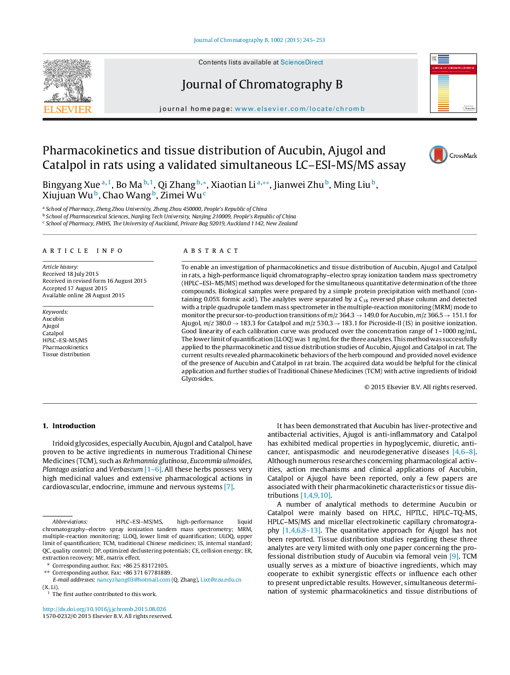 Pharmacokinetics and tissue distribution of Aucubin, Ajugol and Catalpol in rats using a validated simultaneous LC–ESI-MS/MS assay