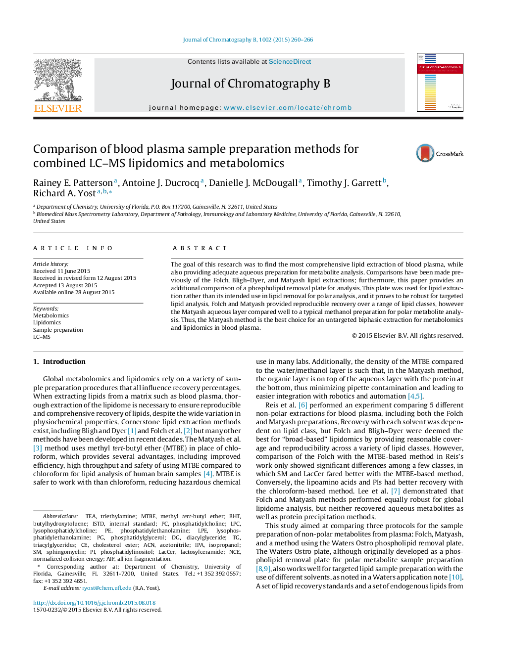 Comparison of blood plasma sample preparation methods for combined LC–MS lipidomics and metabolomics