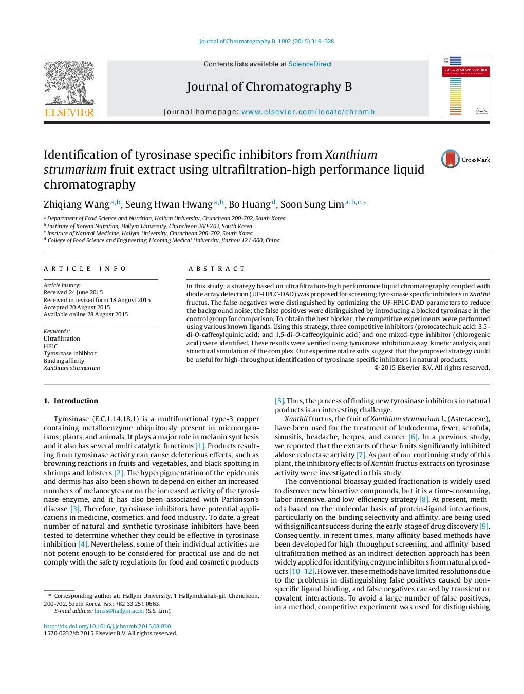 Identification of tyrosinase specific inhibitors from Xanthium strumarium fruit extract using ultrafiltration-high performance liquid chromatography