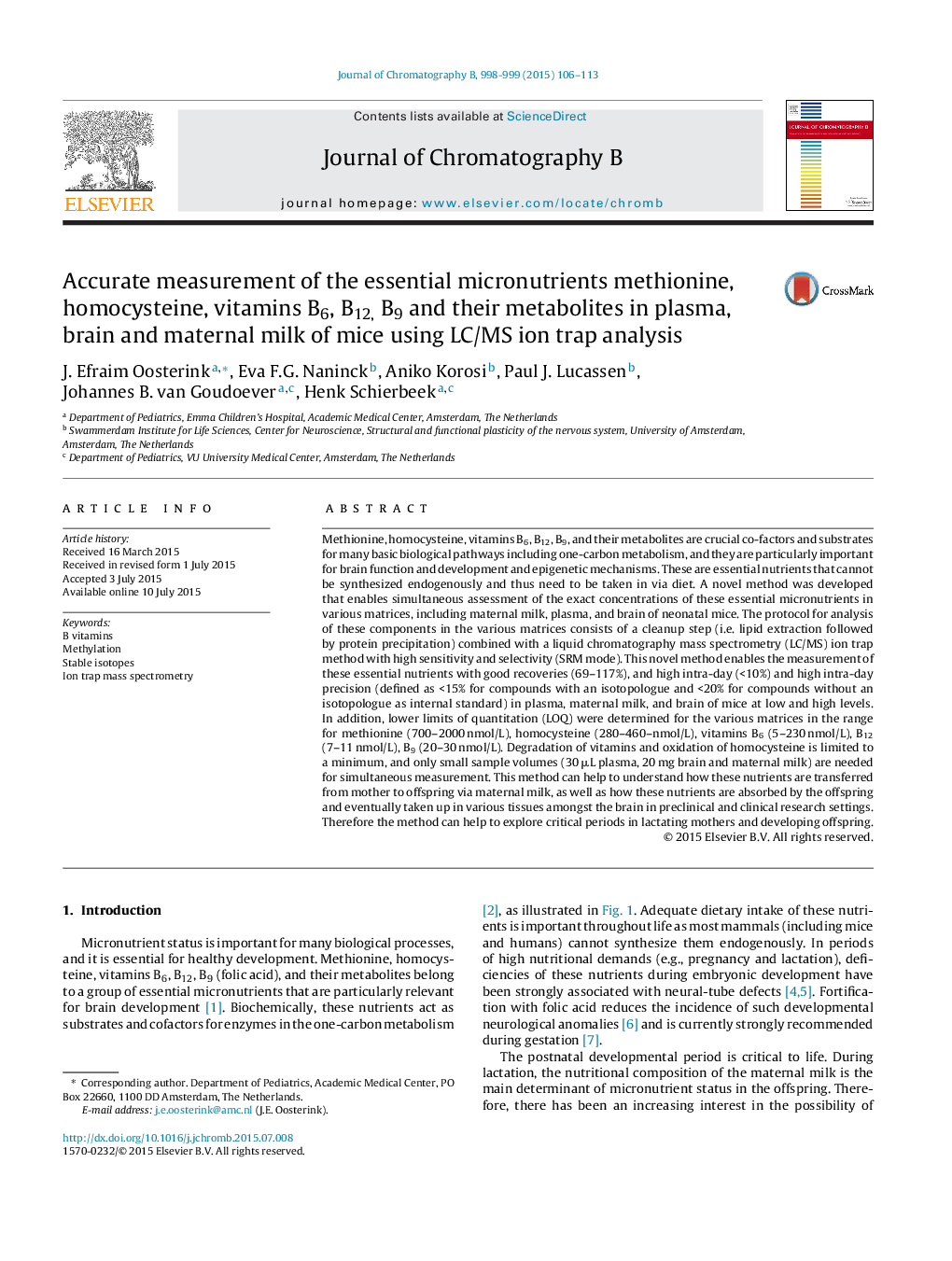 Accurate measurement of the essential micronutrients methionine, homocysteine, vitamins B6, B12, B9 and their metabolites in plasma, brain and maternal milk of mice using LC/MS ion trap analysis