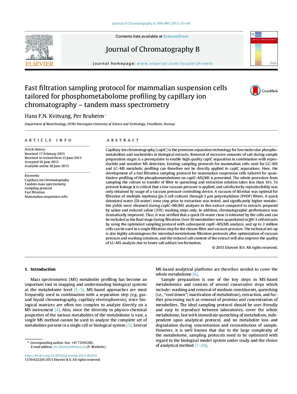 Fast filtration sampling protocol for mammalian suspension cells tailored for phosphometabolome profiling by capillary ion chromatography – tandem mass spectrometry