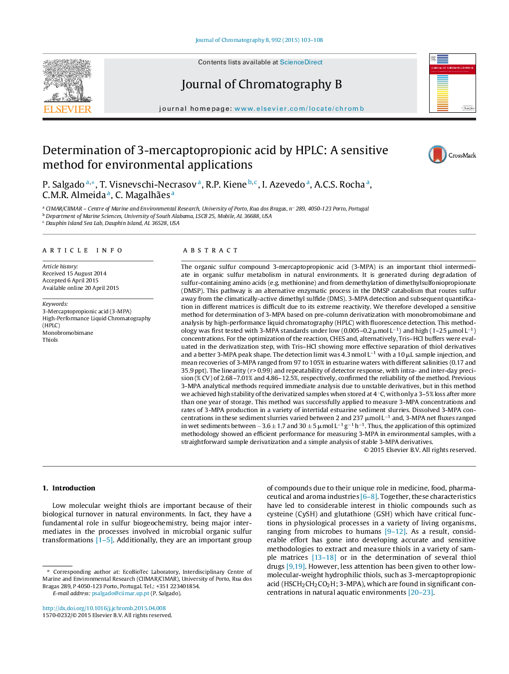 Determination of 3-mercaptopropionic acid by HPLC: A sensitive method for environmental applications