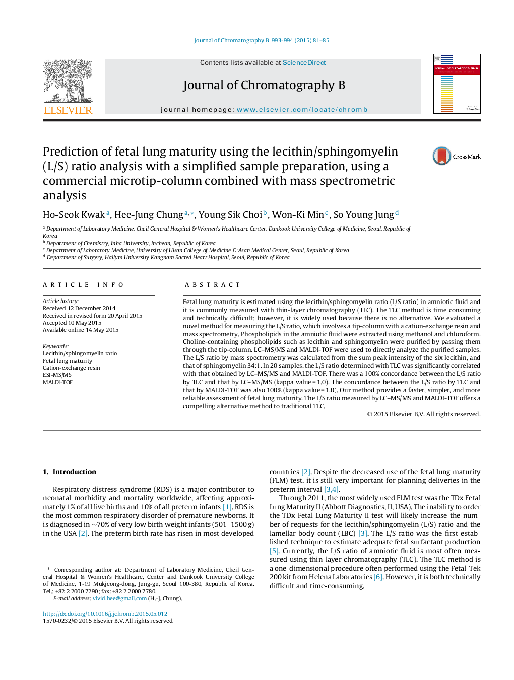 Prediction of fetal lung maturity using the lecithin/sphingomyelin (L/S) ratio analysis with a simplified sample preparation, using a commercial microtip-column combined with mass spectrometric analysis