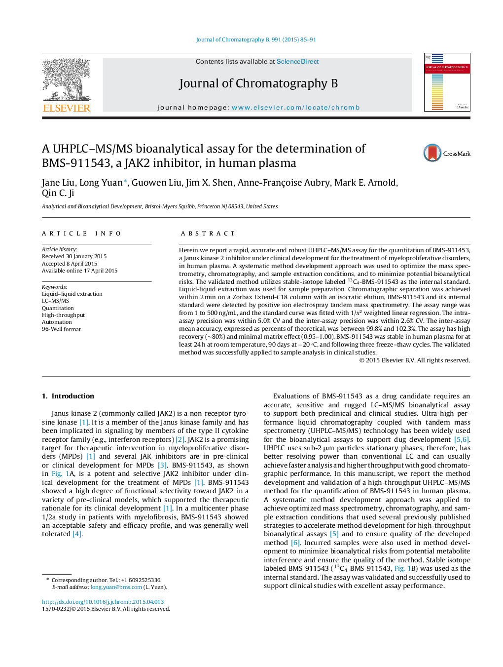 A UHPLC–MS/MS bioanalytical assay for the determination of BMS-911543, a JAK2 inhibitor, in human plasma