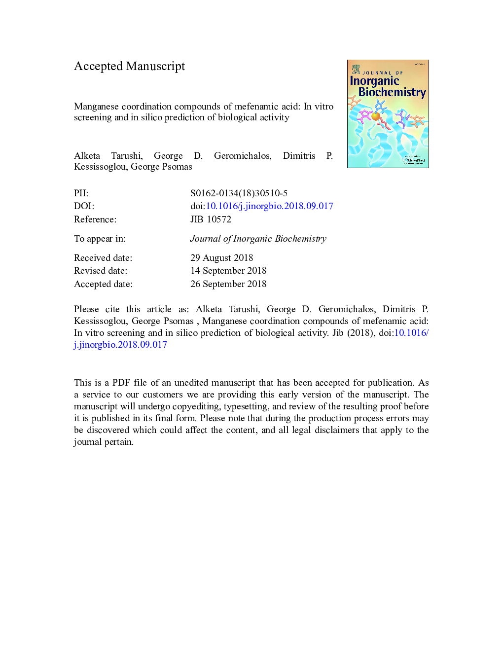 Manganese coordination compounds of mefenamic acid: In vitro screening and in silico prediction of biological activity