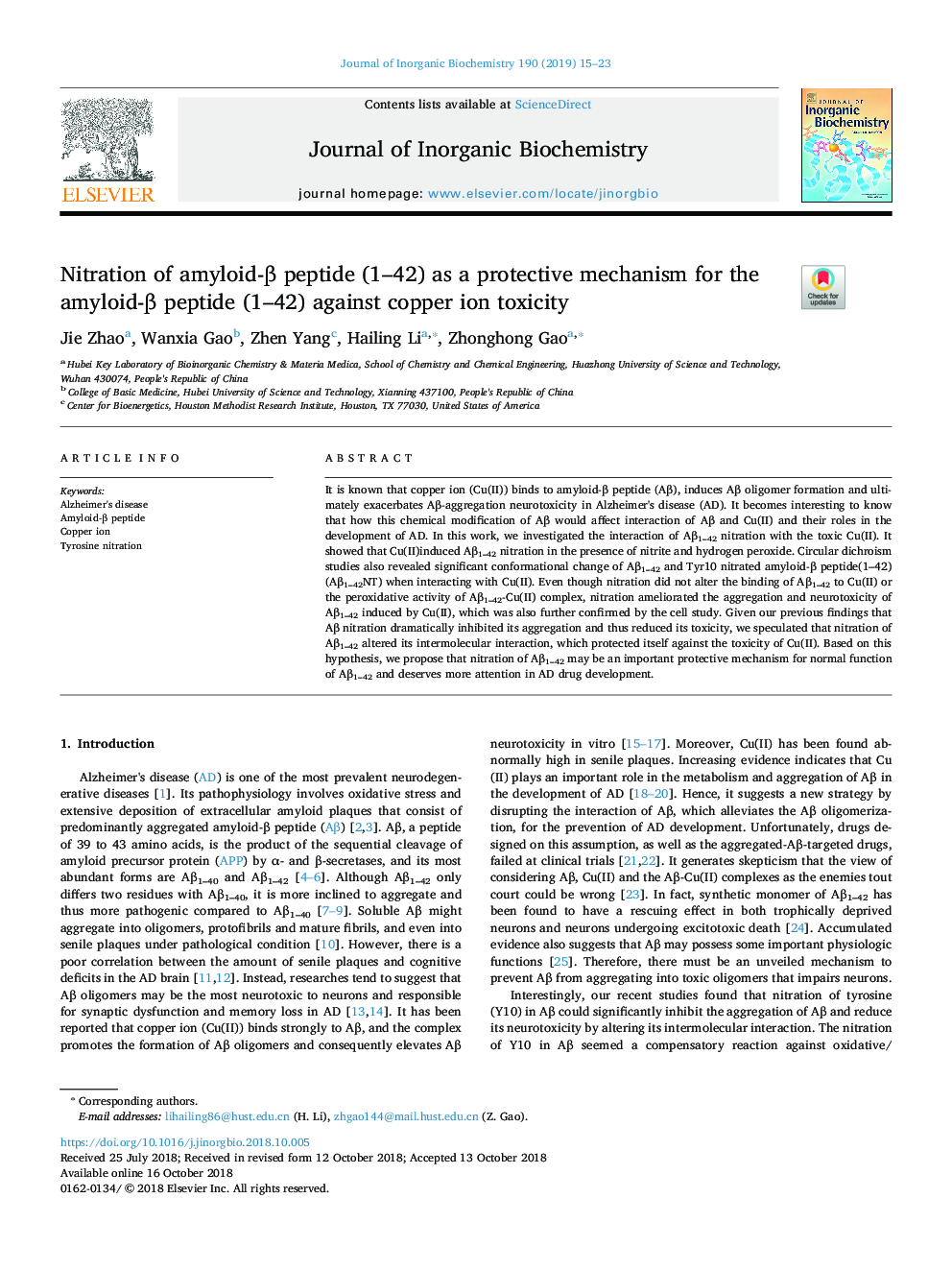 Nitration of amyloid-Î² peptide (1-42) as a protective mechanism for the amyloid-Î² peptide (1-42) against copper ion toxicity