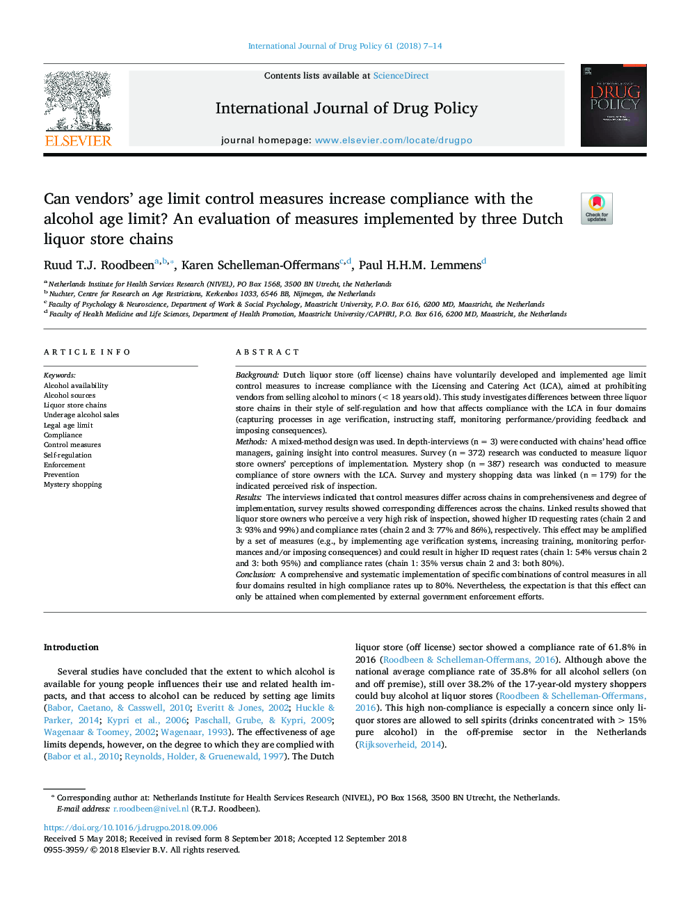 Can vendors' age limit control measures increase compliance with the alcohol age limit? An evaluation of measures implemented by three Dutch liquor store chains