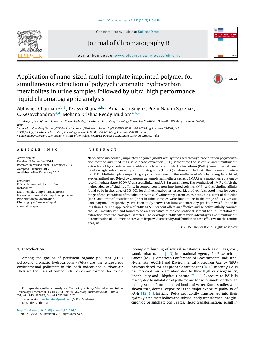 Application of nano-sized multi-template imprinted polymer for simultaneous extraction of polycyclic aromatic hydrocarbon metabolites in urine samples followed by ultra-high performance liquid chromatographic analysis