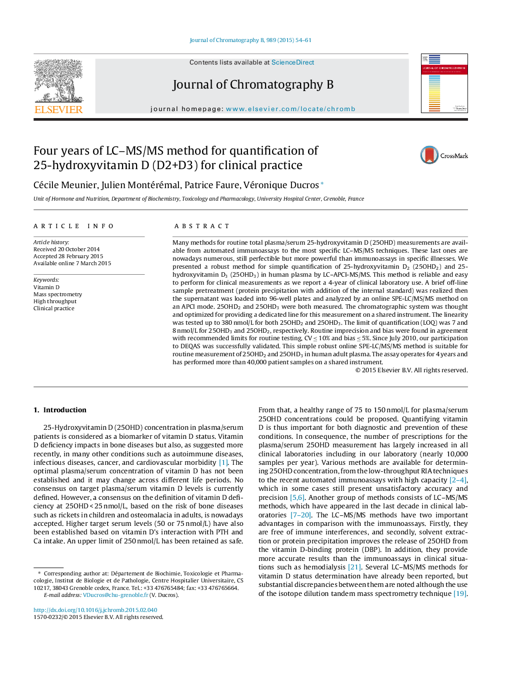 Four years of LC–MS/MS method for quantification of 25-hydroxyvitamin D (D2+D3) for clinical practice