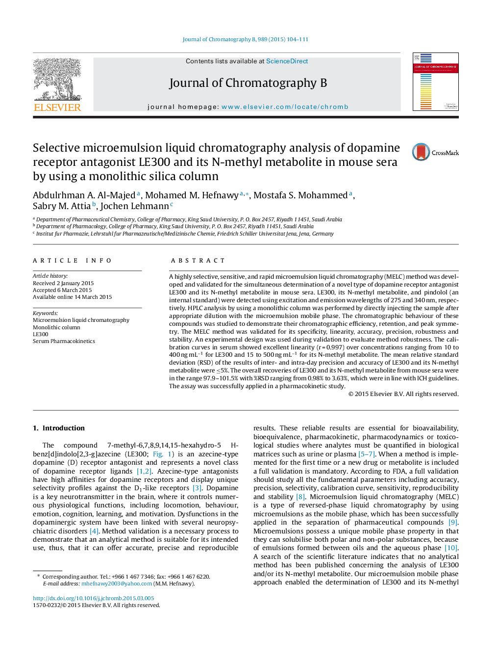 Selective microemulsion liquid chromatography analysis of dopamine receptor antagonist LE300 and its N-methyl metabolite in mouse sera by using a monolithic silica column