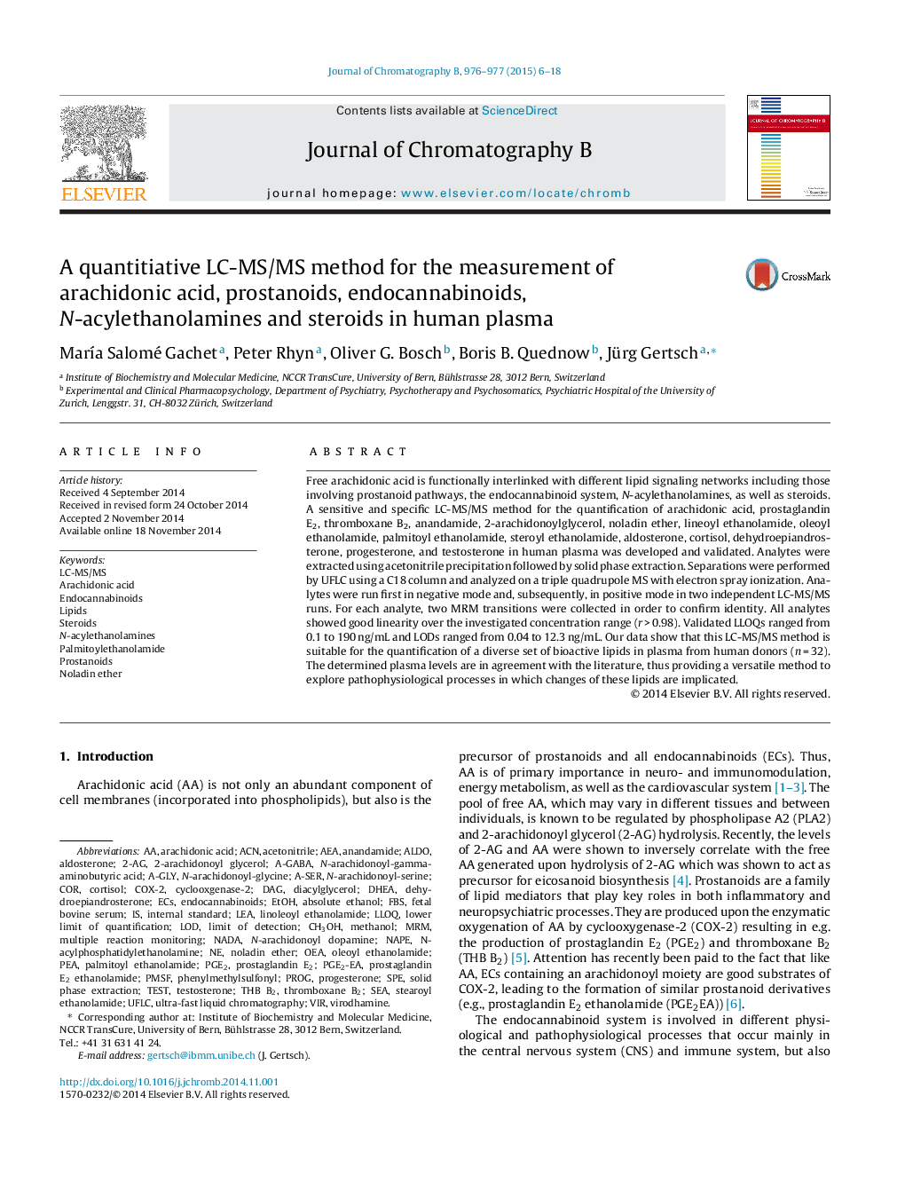 A quantitiative LC-MS/MS method for the measurement of arachidonic acid, prostanoids, endocannabinoids, N-acylethanolamines and steroids in human plasma