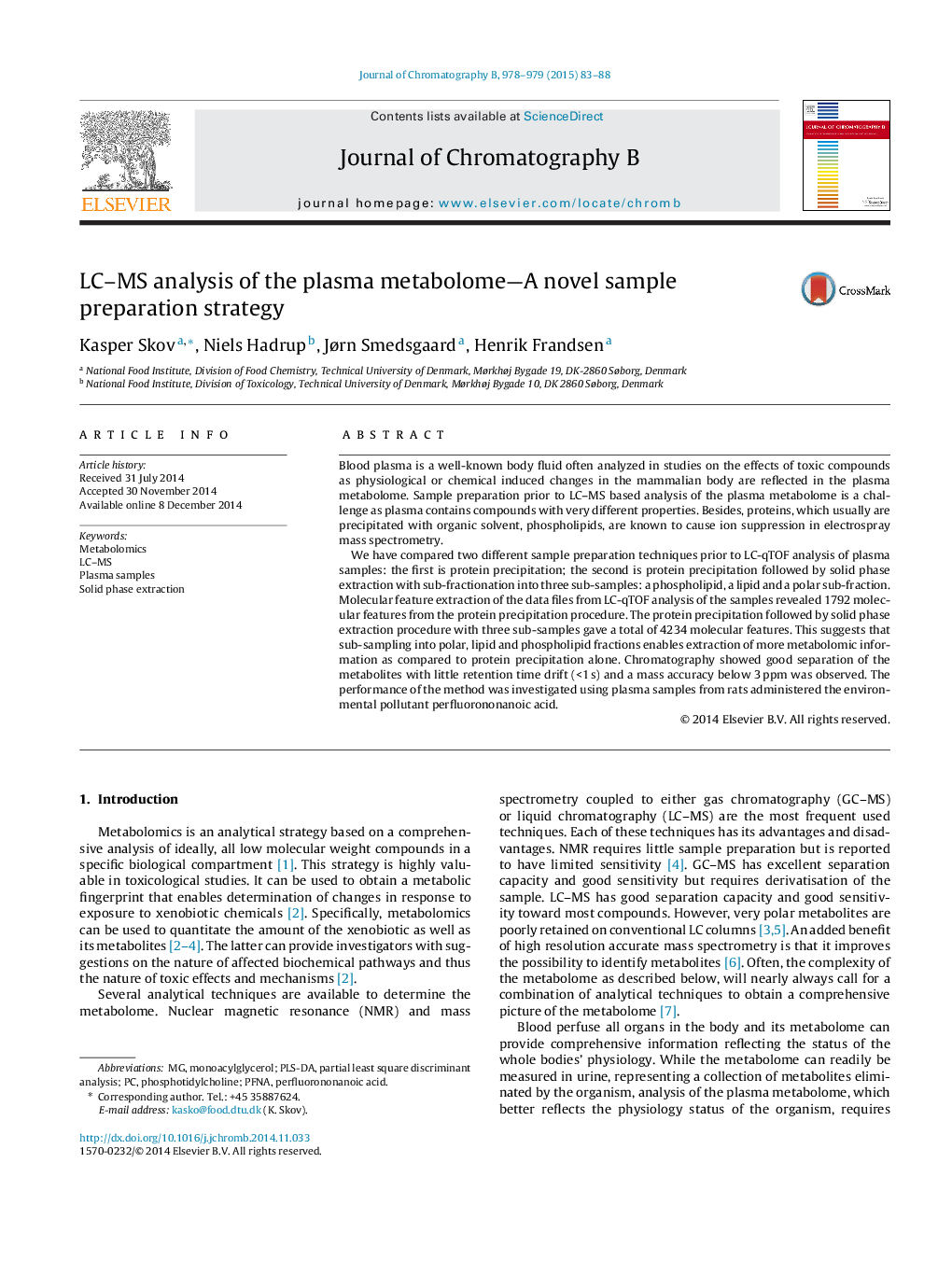 LC–MS analysis of the plasma metabolome—A novel sample preparation strategy