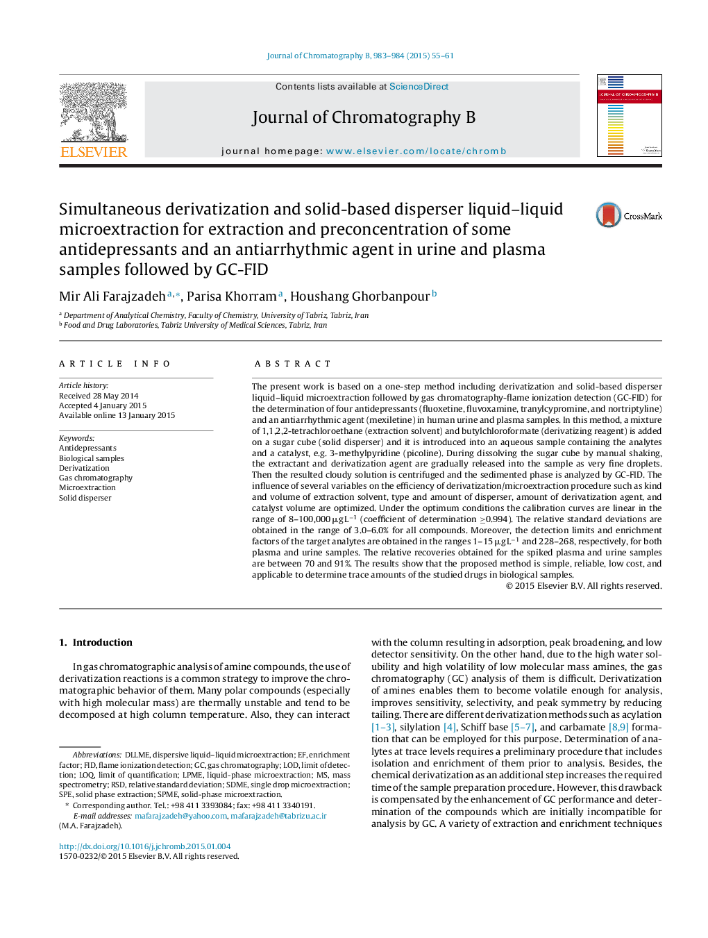 Simultaneous derivatization and solid-based disperser liquid–liquid microextraction for extraction and preconcentration of some antidepressants and an antiarrhythmic agent in urine and plasma samples followed by GC-FID