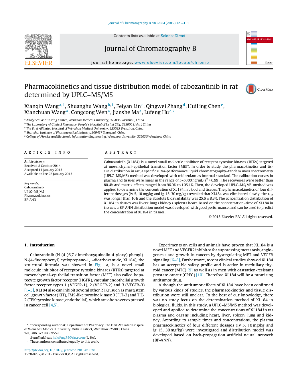 Pharmacokinetics and tissue distribution model of cabozantinib in rat determined by UPLC–MS/MS