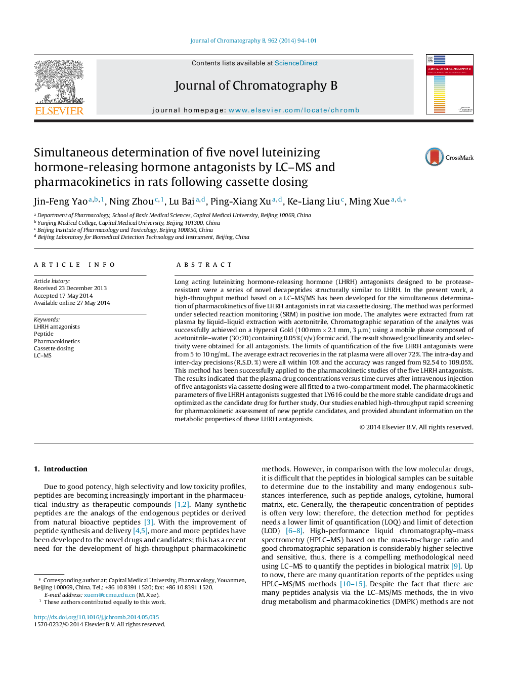 عکس صفحه اول مقاله: Simultaneous determination of five novel luteinizing hormone-releasing hormone antagonists by LC–MS and pharmacokinetics in rats following cassette dosing Simultaneous determination of five novel luteinizing hormone-releasing hormone antagonists by LC–MS and pharmacokinetics in rats following cassette dosing
