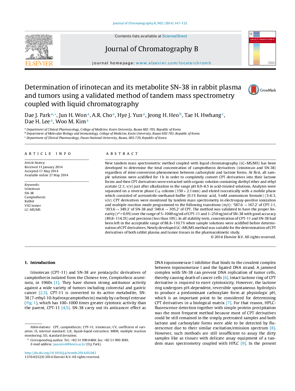 Determination of irinotecan and its metabolite SN-38 in rabbit plasma and tumors using a validated method of tandem mass spectrometry coupled with liquid chromatography