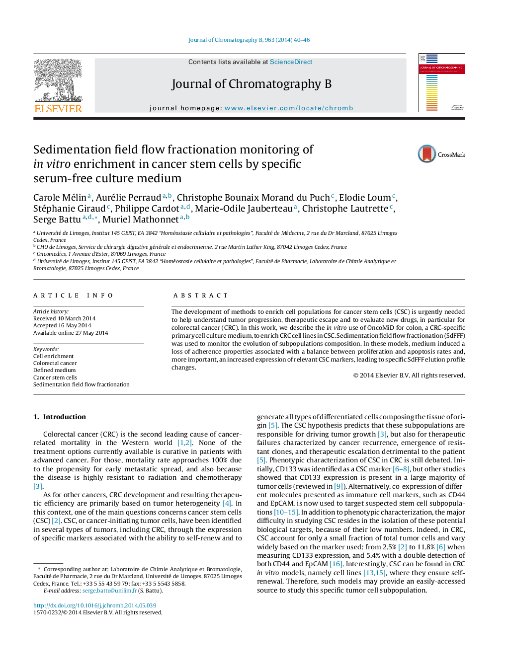 Sedimentation field flow fractionation monitoring of in vitro enrichment in cancer stem cells by specific serum-free culture medium