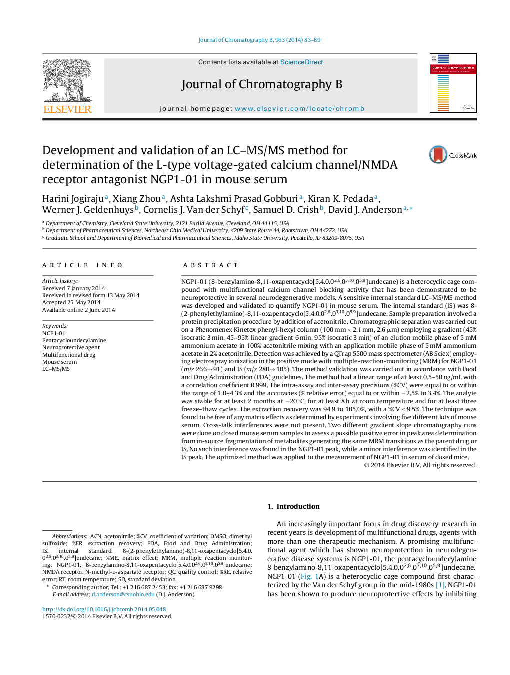 Development and validation of an LC–MS/MS method for determination of the L-type voltage-gated calcium channel/NMDA receptor antagonist NGP1-01 in mouse serum