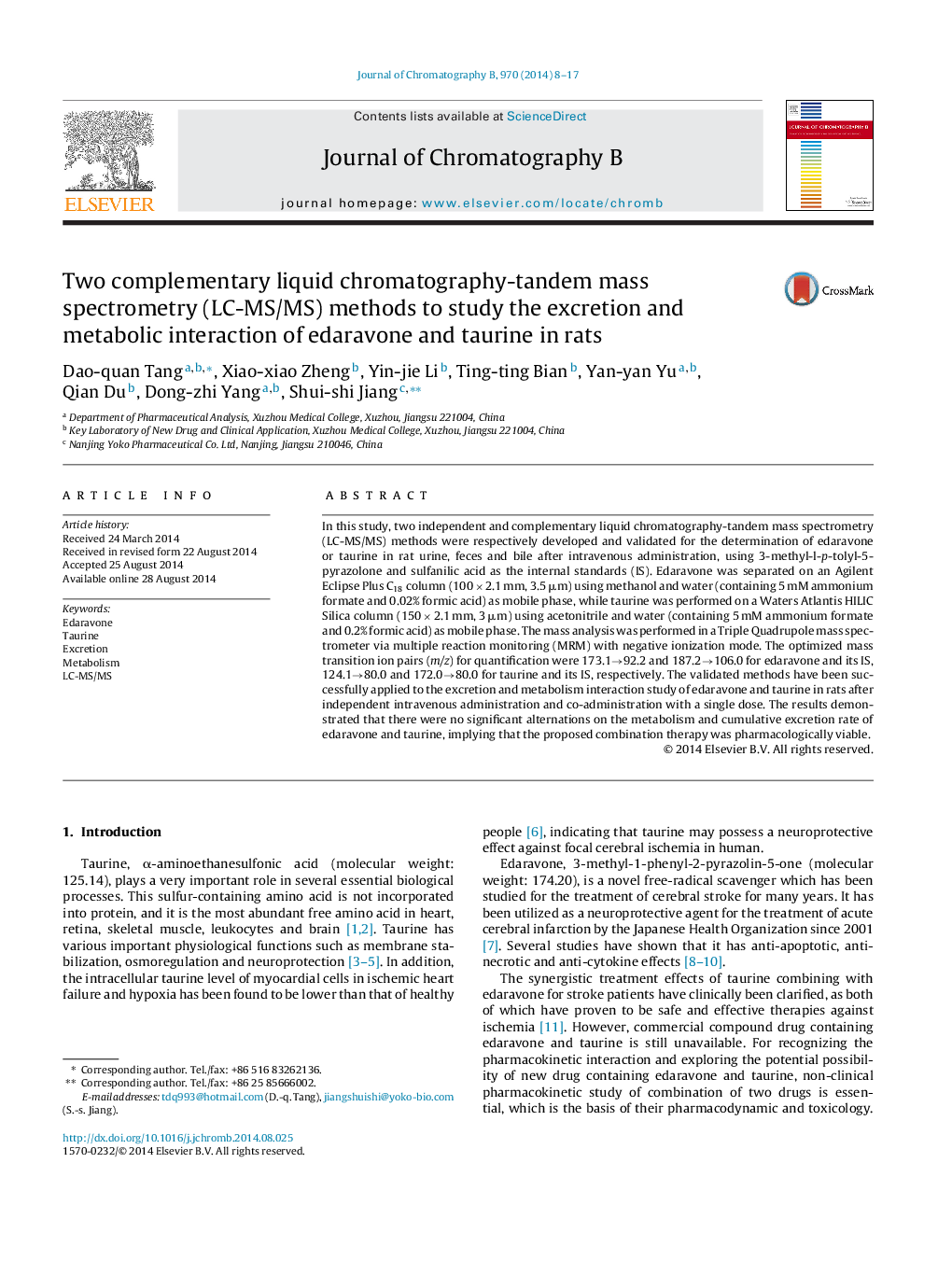 Two complementary liquid chromatography-tandem mass spectrometry (LC-MS/MS) methods to study the excretion and metabolic interaction of edaravone and taurine in rats