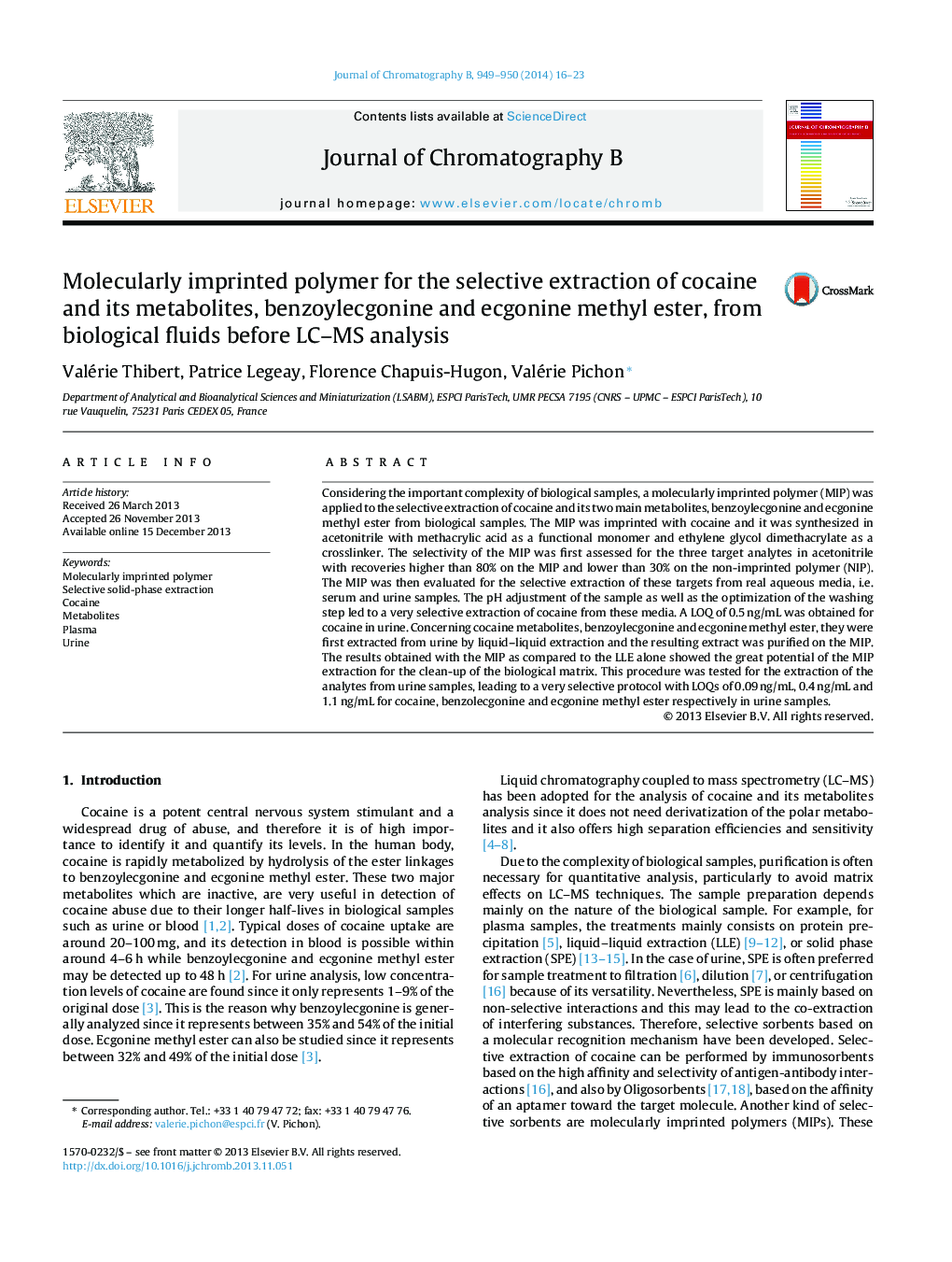 Molecularly imprinted polymer for the selective extraction of cocaine and its metabolites, benzoylecgonine and ecgonine methyl ester, from biological fluids before LC–MS analysis