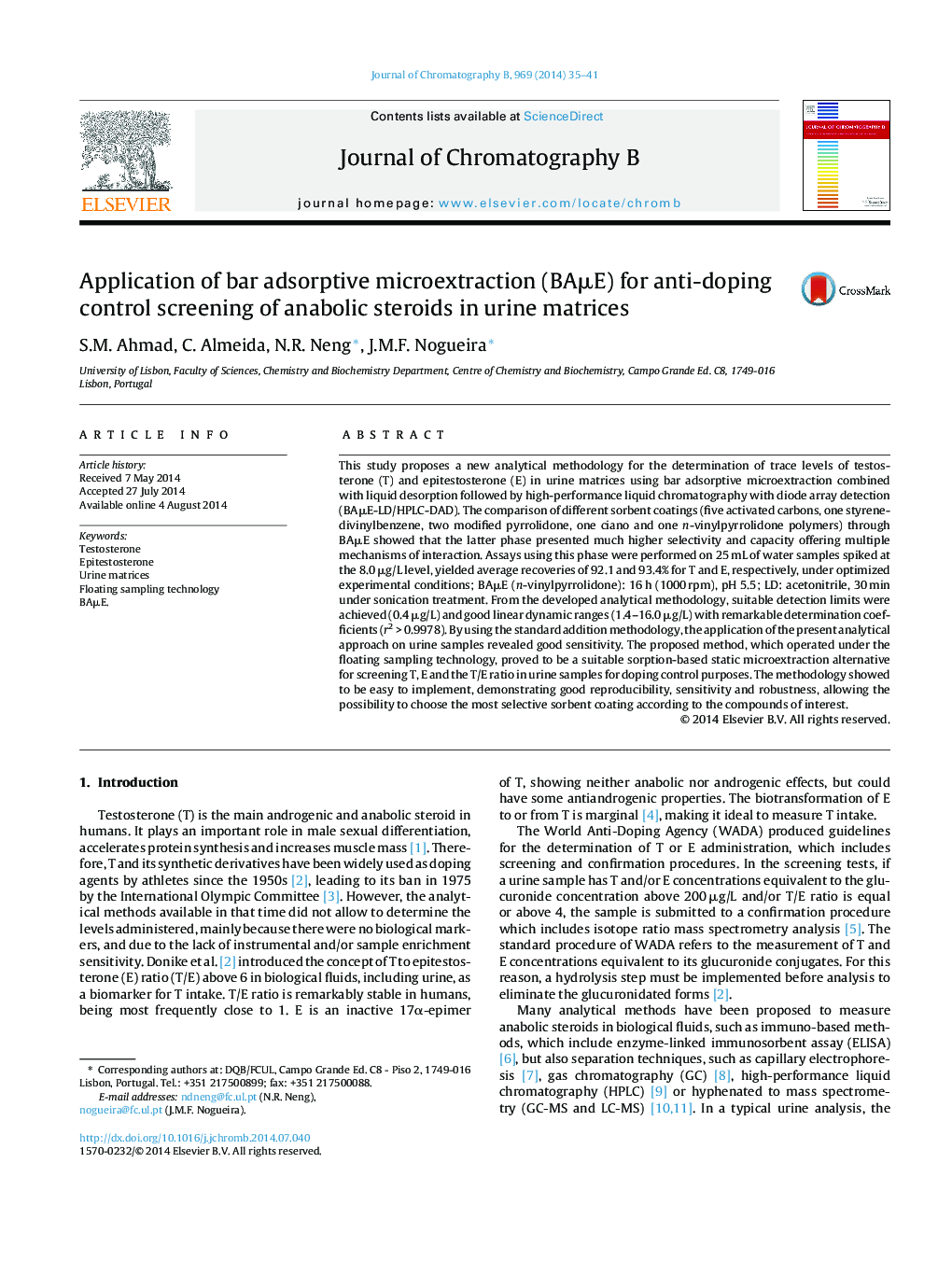 Application of bar adsorptive microextraction (BAμE) for anti-doping control screening of anabolic steroids in urine matrices