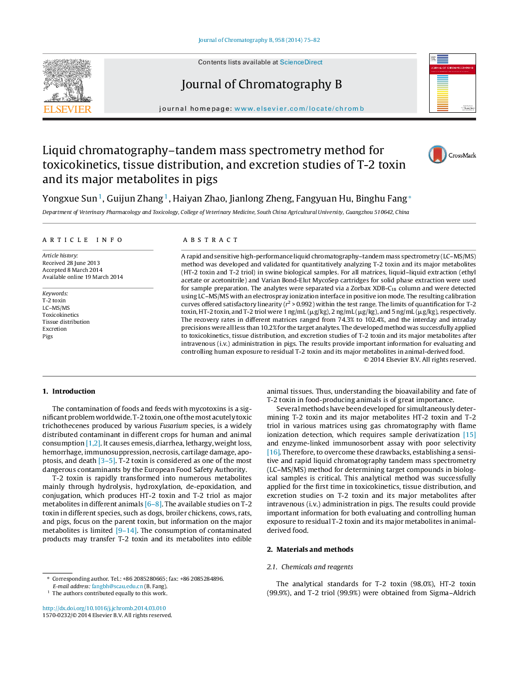 Liquid chromatography–tandem mass spectrometry method for toxicokinetics, tissue distribution, and excretion studies of T-2 toxin and its major metabolites in pigs