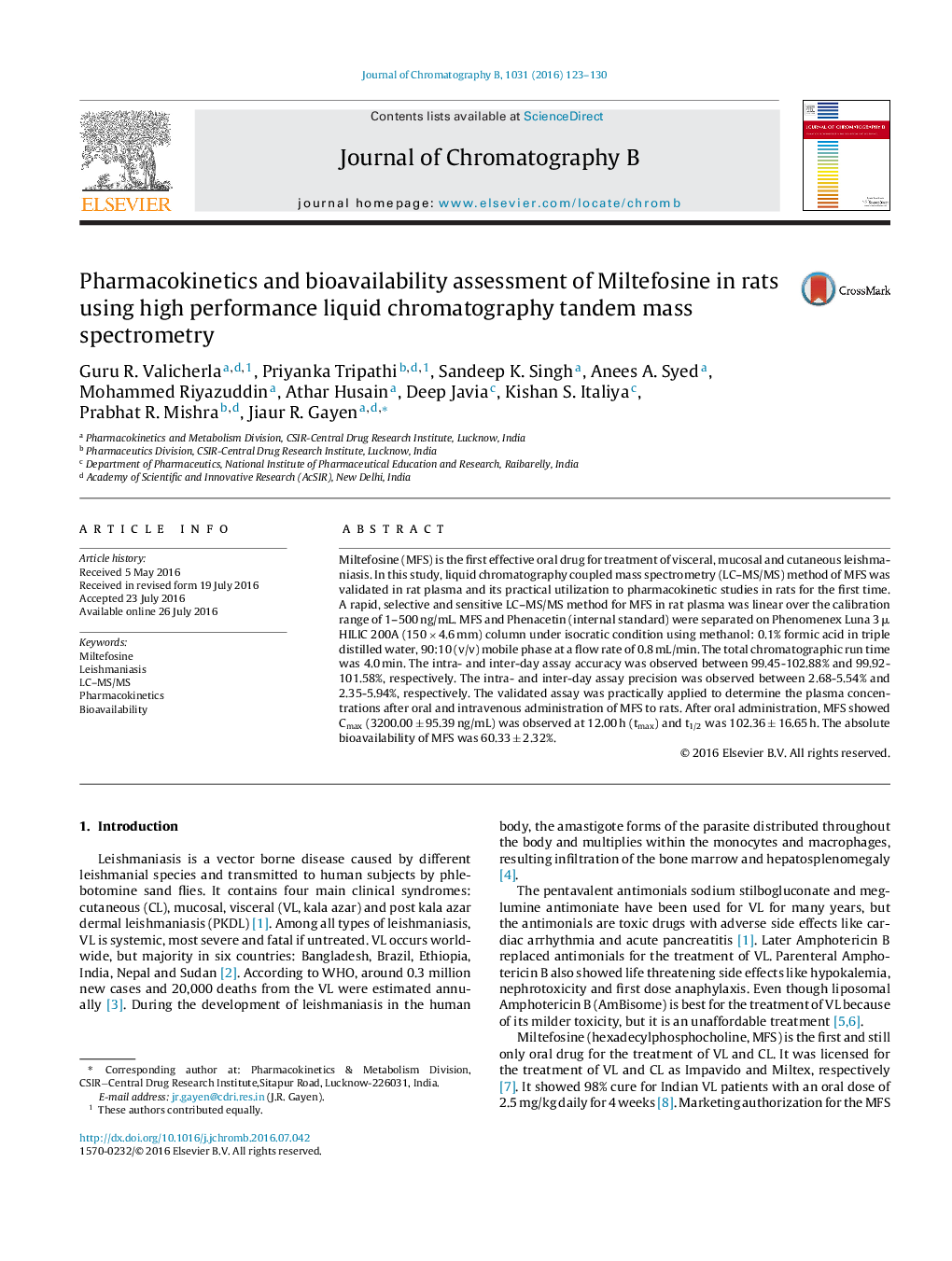 Pharmacokinetics and bioavailability assessment of Miltefosine in rats using high performance liquid chromatography tandem mass spectrometry