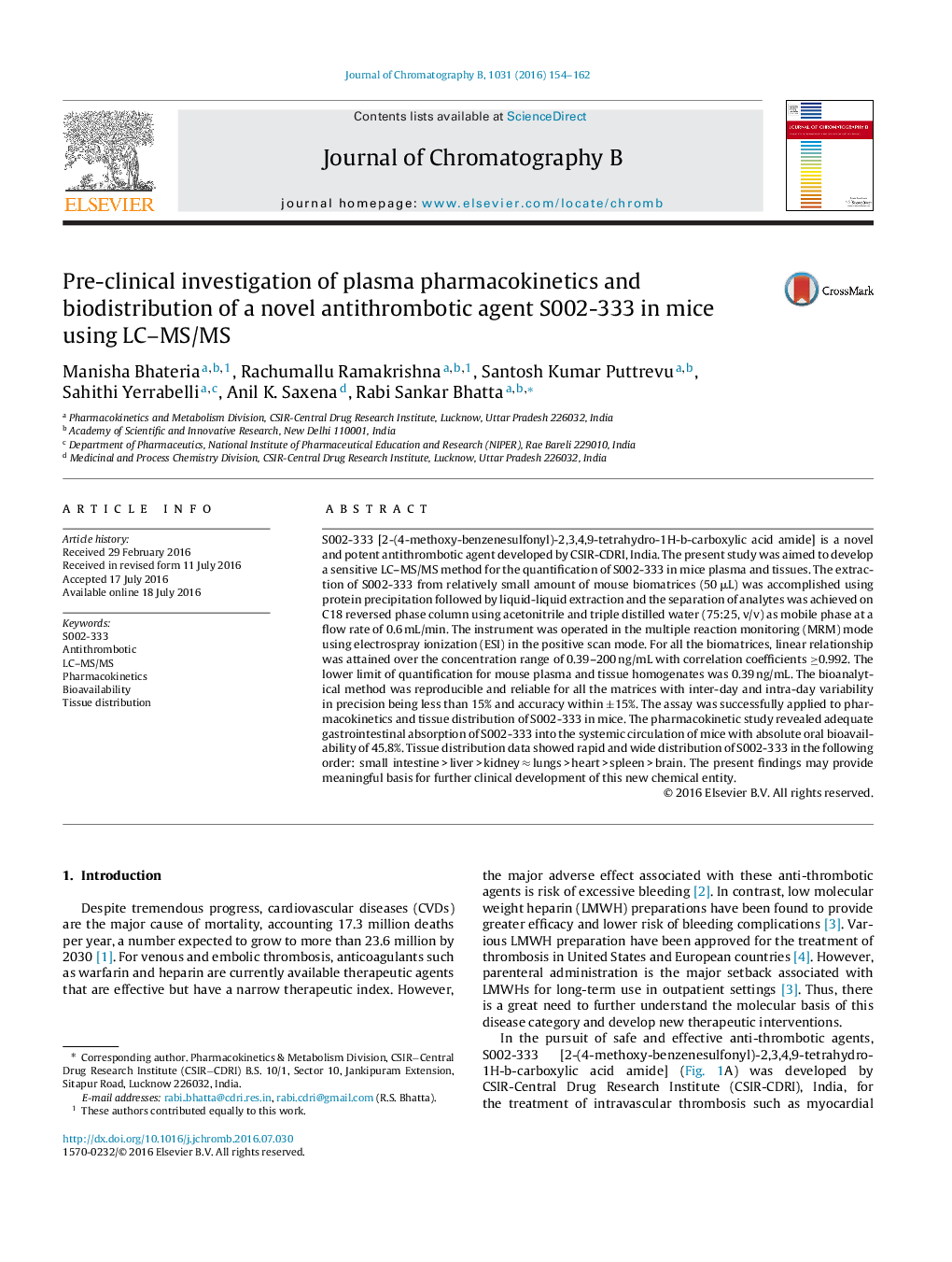 Pre-clinical investigation of plasma pharmacokinetics and biodistribution of a novel antithrombotic agent S002-333 in mice using LC–MS/MS