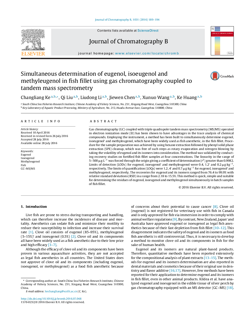 Simultaneous determination of eugenol, isoeugenol and methyleugenol in fish fillet using gas chromatography coupled to tandem mass spectrometry