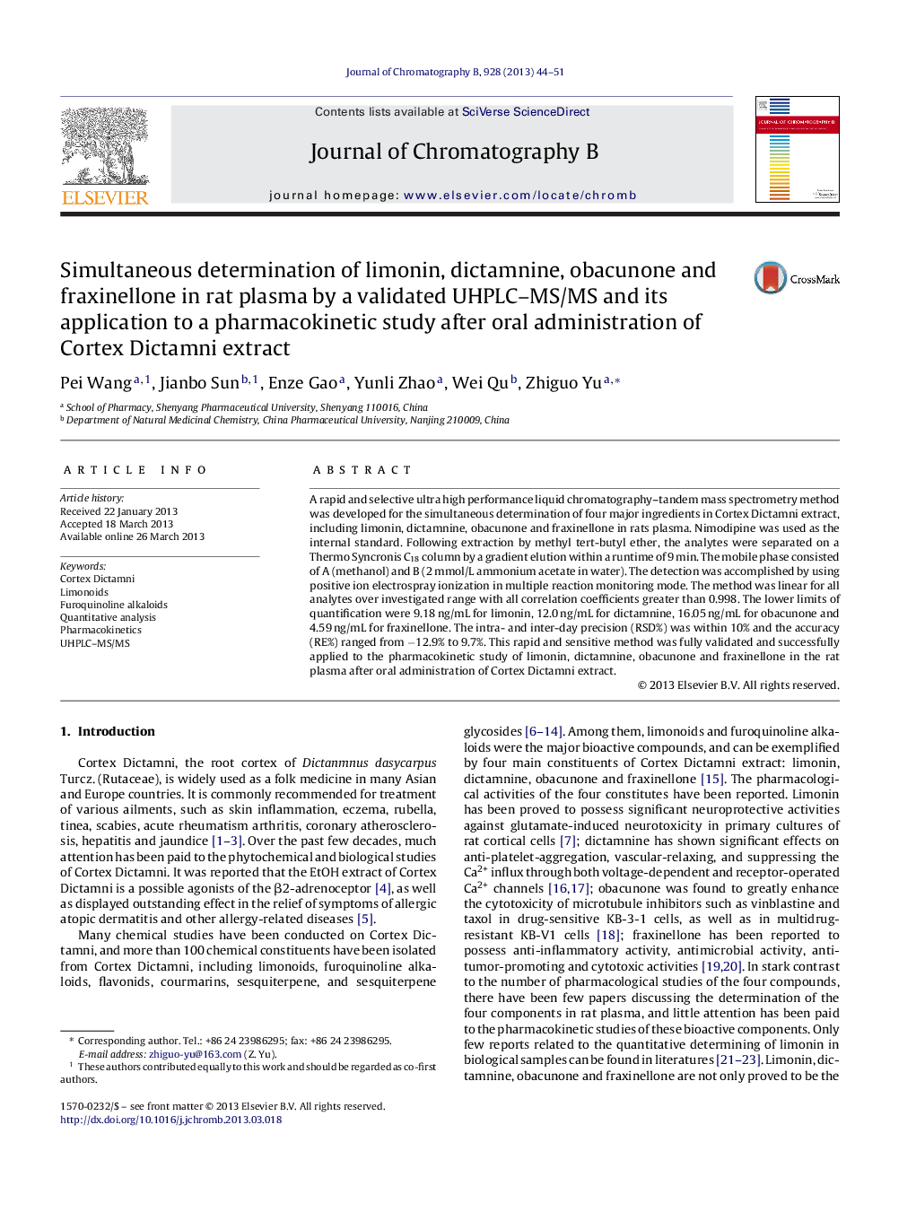 Simultaneous determination of limonin, dictamnine, obacunone and fraxinellone in rat plasma by a validated UHPLC–MS/MS and its application to a pharmacokinetic study after oral administration of Cortex Dictamni extract