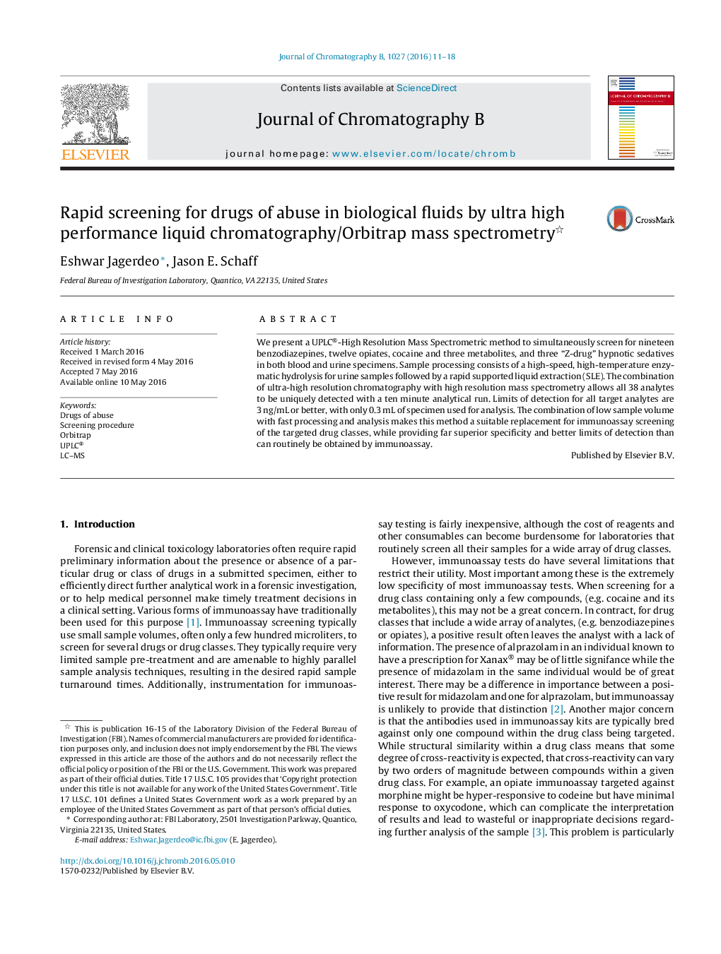 Rapid screening for drugs of abuse in biological fluids by ultra high performance liquid chromatography/Orbitrap mass spectrometry 