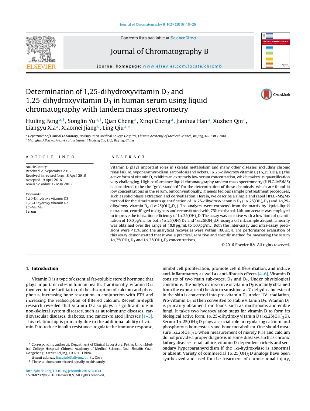 Determination of 1,25-dihydroxyvitamin D2 and 1,25-dihydroxyvitamin D3 in human serum using liquid chromatography with tandem mass spectrometry