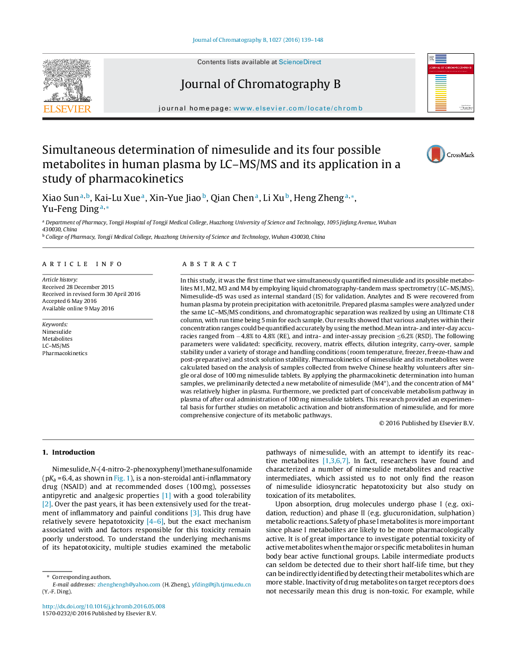 Simultaneous determination of nimesulide and its four possible metabolites in human plasma by LC–MS/MS and its application in a study of pharmacokinetics