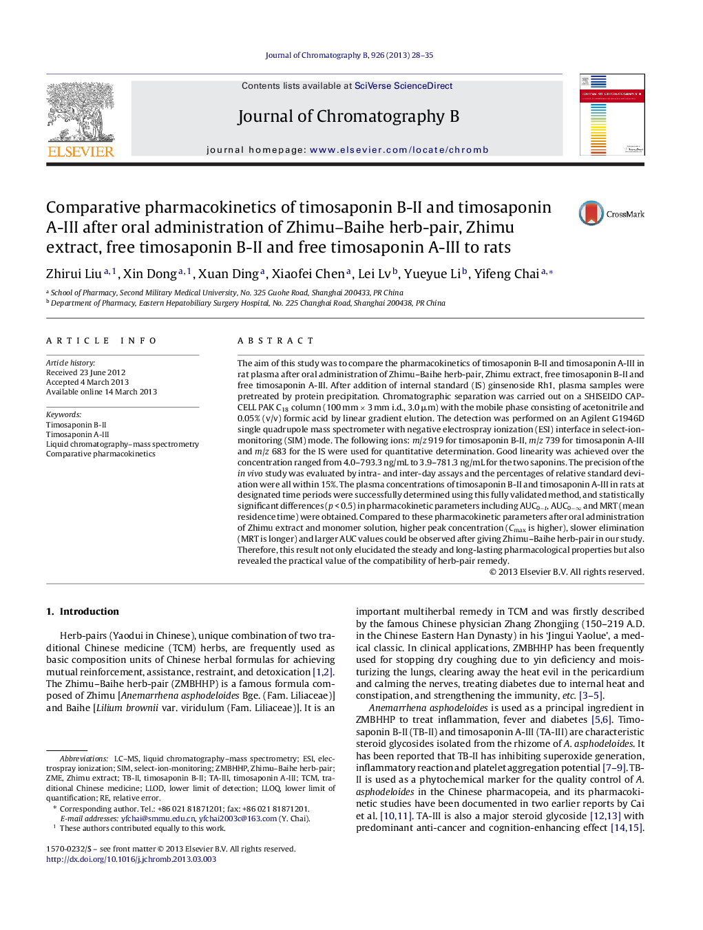 Comparative pharmacokinetics of timosaponin B-II and timosaponin A-III after oral administration of Zhimu–Baihe herb-pair, Zhimu extract, free timosaponin B-II and free timosaponin A-III to rats