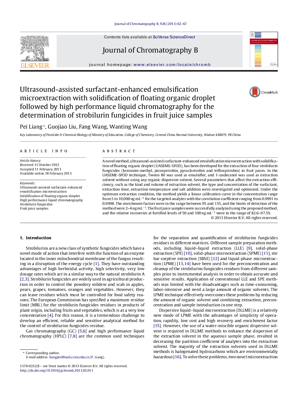 Ultrasound-assisted surfactant-enhanced emulsification microextraction with solidification of floating organic droplet followed by high performance liquid chromatography for the determination of strobilurin fungicides in fruit juice samples