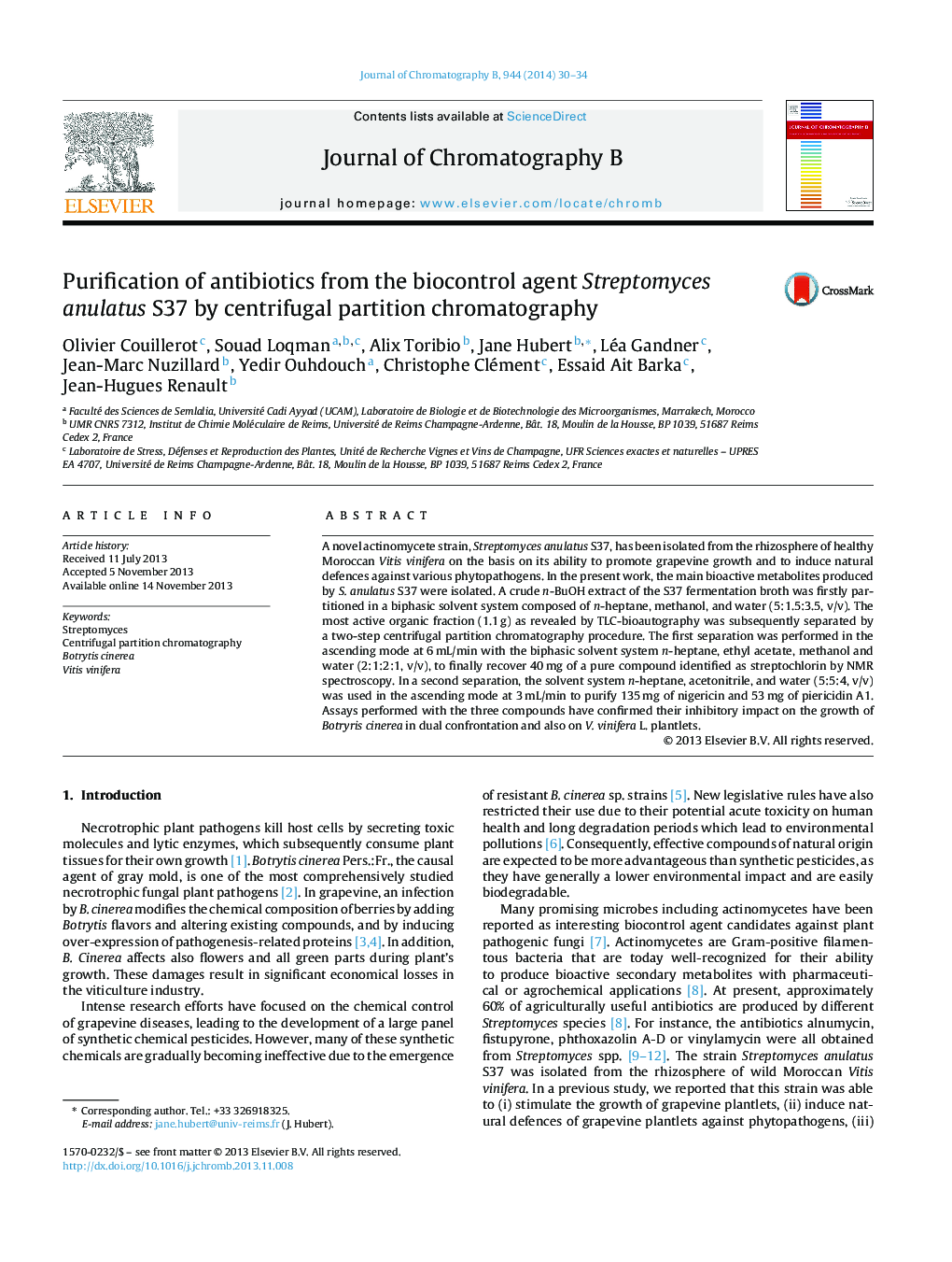 عکس صفحه اول مقاله: Purification of antibiotics from the biocontrol agent Streptomyces anulatus S37 by centrifugal partition chromatography Purification of antibiotics from the biocontrol agent Streptomyces anulatus S37 by centrifugal partition chromatography