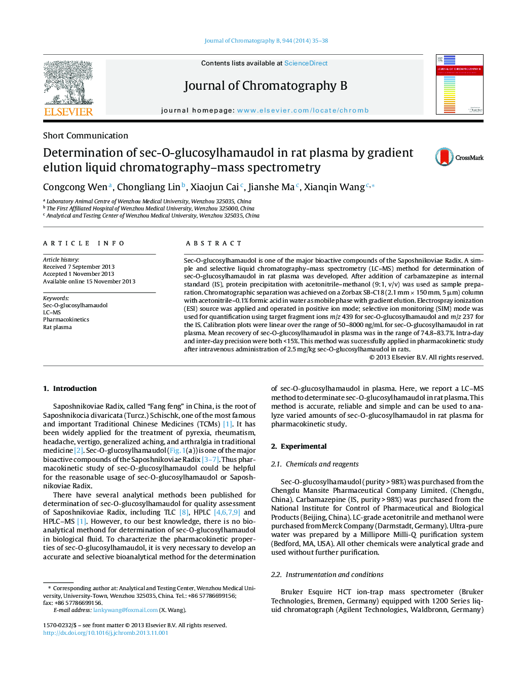 Determination of sec-O-glucosylhamaudol in rat plasma by gradient elution liquid chromatography–mass spectrometry